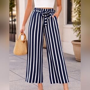 Zara Navy & White Vertical Stripe Paperbag Wide-Leg Pants